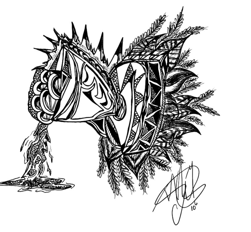 Ink drawing by Tiffany Charbonneau: an ornate cup tipped over and pouring out, wrapped in leaves and spikes.